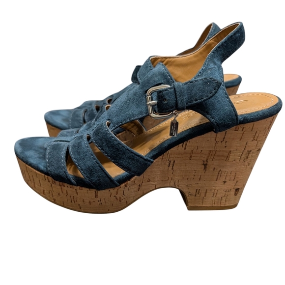 Coach Navy Blue Suede Kennedy Cork Wedge Heel Open Toe Ankle Strap Sandals 7.5B - Picture 11 of 11